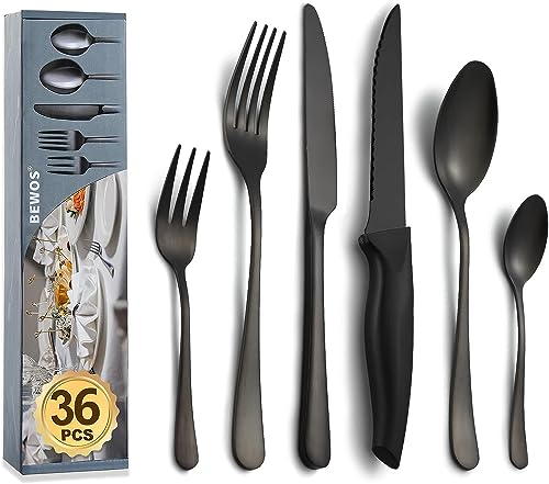 BEWOS Besteck Set für 6 Personen, 36-teiliges Besteck Set mit Steakmessern, Schwarz Mattiert Essbesteck Set inkl. Messer, Gabel, Löffel, Besteck Edelstahl Spiegelpoliert, Spülmaschinenfest