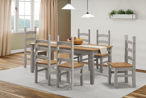 Mercers Furniture Corona Grey Wax 6'0 Dining Table & 6 Chairs Set Solid Wood Pine Wooden Large 6FT Painted Shabby Chic Mexican Style Kitchen 76cm High 182cm Wide 92cm Deep