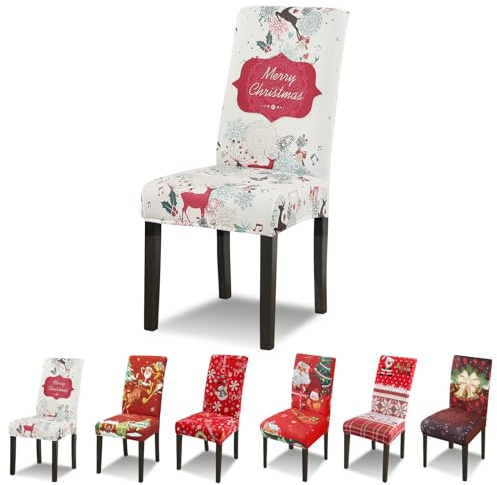 Lydevo Xmas Weihnachtlich Stuhlhussen 6er Set Stretch Stuhlhussen für Esszimmerstühle Stuhlhussen für Schwingstühle Waschbarer Abnehmbarer Stuhlbezug für Weihnachtliche Festival Christmas