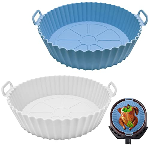 2 Piezas Extra Grande Olla de Silicona para Freidora de Aire, Silicona Freidora Aire Reutilizables y Antiadherentes,Accesorios Airfryer para Hornear Pasteles Microondas, etc (Azul + Blanco)
