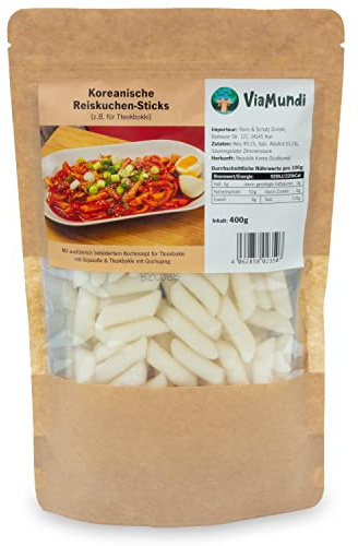 Koreanische Reiskuchen Reis Sticks für Tteok-bokki - Inkl. Broschüre mit bebilderten Kochrezepten und Videoanleitungen für würzige Reisnudel-Gerichte aus Korea - 1er Pack (400g)