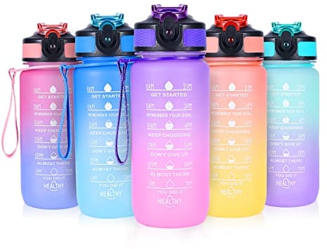 SUPPRUI Water Bottles with Straw,600ml Kids Water Bottle with time markings,Motivational Drink Bottles Leakproof and BPA-free (Purple)