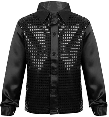 CHICTRY Pailletten Hemd Kinder Jungen Langarm Reverskragen Disco Hemd Glitzer Button Down Shirt Mit/Ohne Hut Jazz Modern Performance Tanzkleidung Schwarz 152-164