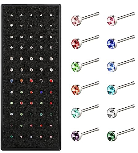 Yolev 60pcs Surgical Stainless Steel Nose Studs, Body Piercing Jewelry for Women Men Bone Silver Rose Gold Black Rainbow Pack Steel Faux Nose Piercing Cuffs