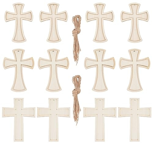Arricraft 15 Stück Holz-Kreuzanhänger In 3 Größen, Unvollendete Holzkreuz-Anhänger, Holzkreuzstücke, Perlen, Hängende Kreuzornamente Mit Hanfseil Für Bastel-DIY-Projekte