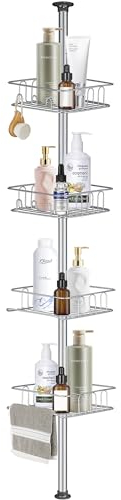 HOUHA Telescopica Estanteria Ducha sin Taladro, Estantería Baño Acero Inoxidable con 4 Cestas, Esquina Estante Ducha para Bañera y Baño Altura Ajustable 73-302cm, Plateado