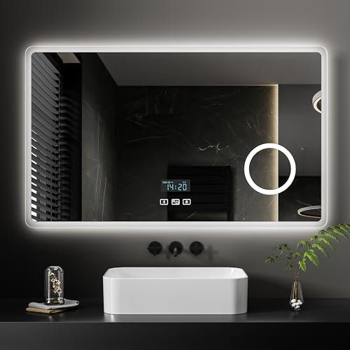 EMKE® 7 in 1 Badspiegel mit Beleuchtung 100x60cm Badezimmerspiegel 3000K/4000K/6500K Touch+Dimmbar+Beschlagfrei+3X Kosmetikspiegel+Bluetooth Energiesparend IP44 Einfach Installation Wandspiegel