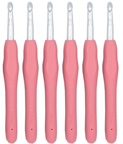 6Pcs 7mm Aluminum Soft Grip Rubber Ergonomic Handle Crochet Hook Knitting Needles for DIY Yarn Craft,Nice Gift for Women Adults Kids Children Beginners (Pink)