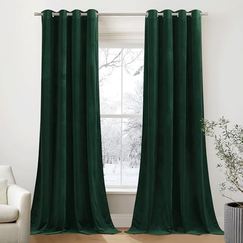 PONY DANCE Samtvorhang mit Ösen 2er Set Samt Gardinen Dunkelgrün Blickdichte Vorhänge Wohnzimmer Modern Velvet Thermal Curtains Thermovorhang Kälteschutz, H 280 x B 132cm (Gewicht: 300g/m²)