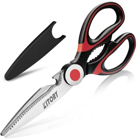 Küchenschere 21 cm, Universalschere mit Klingenabdeckung, Scharfe Haushaltsschere, Geflügelschere, Flaschenöffner, Sägeschliff, Qualitätsstahl, Spülmaschinenfest, rot