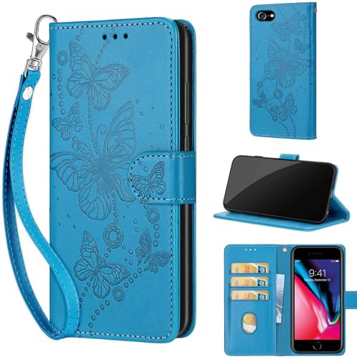 KENHONER Phone Case for iPhone 7/8 / SE2 / SE3, Butterfly - Blue | Shockproof Flip Wallet, Card Slots, Kickstand, PU Leather, Wrist Strap Lanyard