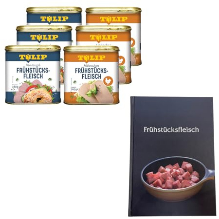 TULIP 3x Schweine-Frühstücksfleisch 340g + 3x Hühnchen-Frühstücksfleisch 340g + Kochbuch | Fleisch in der Dose + Gebundenes Kochbuch mit 57 Rezepten | 87% Schweinefleisch und 80% Hähnchen