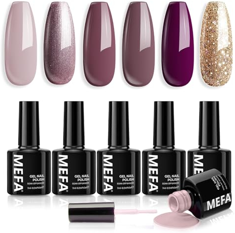 MEFA Vernis Semi Permanent, Vernis Gel UV 6 Couleurs Violet Pailleté Kit Gel Ongle French Manucure Nail Art Ongles Gel Soak Off UV/LED Gel Polish pour Starter Salon DIY Home