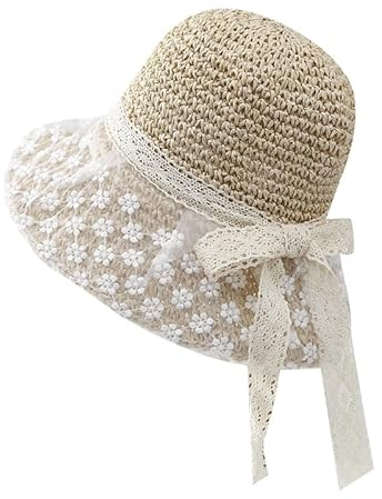Generic Sombrero de paja con lazo para mujer, sombrero de encaje de flores frescas, sombrero de playa y protector solar, sombrero de lavabo de pescador, blanco crema, Talla única