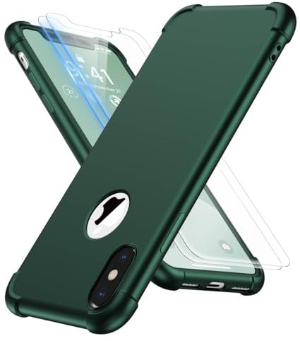 ORETECH for iPhone X/Xs Case, with [2 Pack 9H Screen Protectors] [10 Ft Military Grade Drop Test] [Camera Protection] 360 Shockproof Ultra Thin Anti Scratch Hard PC Silicone Cover - Alpine Green