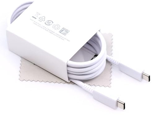 Ladekabel für Original Samsung EP-DW767JWE für Samsung Galaxy S24, S24+, S24 Ultra, S23 Ultra, Tab A7 Lite, Tab A8, Tab A9, Tab A9+ 1,8m Datenkabel 25W Weiß Typ-C mit mungoo Displayputztuch