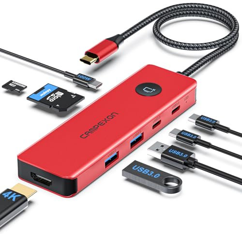 Hub USB C, 8 en 1 Adaptador USB C con 2*USB-A 3.0, 2*USB-C 3.0-Puerto de Datos, 4K HDMI, PD 100W, Tarjetas SD/TF (Rojo)