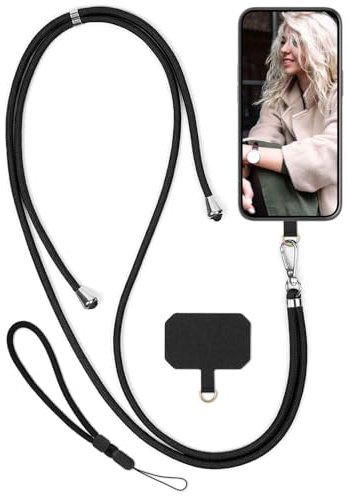 moex Unleash für Emporia ME.6 Handyband zum Umhängen ohne Hülle, Handykette Universal mit Karabiner, Handy Band abnehmbar, Kette mit Pad für Handyhülle, Schwarz, Silber