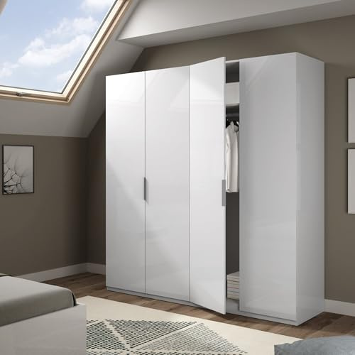 Dmora Knoxville, Armoire Meuble de Rangement pour Chambre à Coucher à 4 battantes, avec 2 étagères et Barre Porte-Manteau, 180 x 52 x 200 cm, Blanc