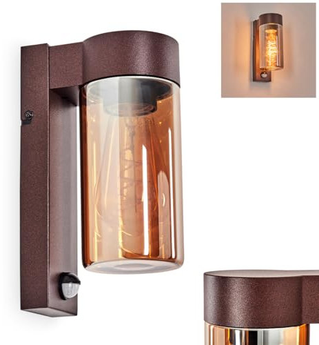 Außenwandleuchte Encoberta, Außenwandlampe mit Bewegungsmelder aus Metall/Glas in Rost-/Bernsteinfarben, Leuchte im Industrial-Design für Garten/Außenfassade/Terrasse, 1x E27, ohne Leuchtmittel, IP44