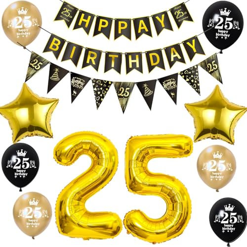 Luftballon 25. Geburtstag Dekoration Mann frauen Schwarz Gold 25 Geburtstag Mann Party Deko geburtstagsdeko 25 jahre frauen 25 Banner Wimpelkette 25 männer Dekoration