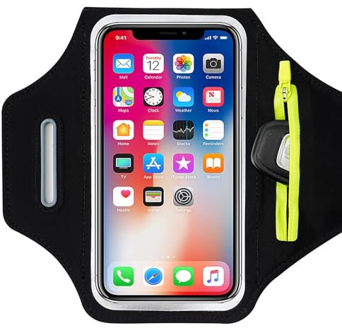 TRIXES Schwarzes Laufarmband mit Zubehör-Ohrhörertasche, geeignet für iPhone 15 Pro Max/14 Pro/13 Pro Max/12/12 Pro/11/XR/XS/X/8 Plus – geeignet für Smartphones bis zu 6,7 Zoll