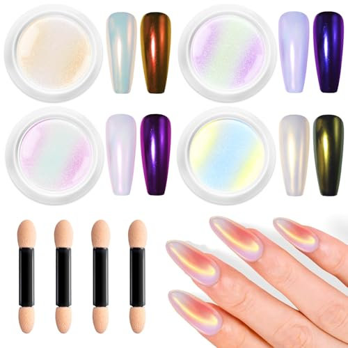 BISHENGYF White Chrome Nail Powder: High Aurora Pearl Chrome Nail Powder, Glazed Donut Nail Powder Holographic Mermaid Mirror Nail Chrome Powders for Gel DIY Nails Art Design Nail Glitter - 4pcs