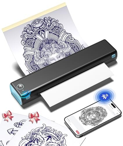 Phomemo M08F Impresora Tattoo Termocopiadora Impresora Tatuajes Tattoo con 10pcs Termocopiadora Tatuaje Papel de Tatuaje Compatible con Teléfono Tablet PC para Artistas Principiantes, Negro Azul