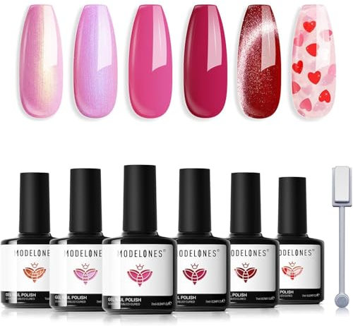 Modelones Gel Polish Set - 6 Colors Glitter Pink Nude Red Cat Eye with Magnet Shimmer for DIY Nail Art at Home