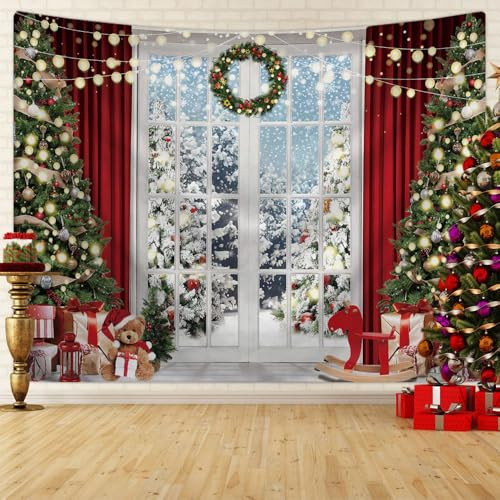 Chickwin Wandteppich Weihnachtstag Wanddeko, 3D-Fenster Wandtuch Wandbehang Weihnachten für Wohnkultur, Schlafzimmer, Weihnachtsessen und Party (180X230cm,Weihnachtsbaum)