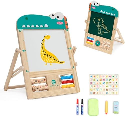 Kinder-Tischstaffelei aus Holz,doppelseitig,Kreidetafel und Whiteboard-Maltafel für Kleinkinder,Faltbar und Einfach zu Verstauen,Whiteboard Und Kreidetafel Höhenverstellbar Standtafel mit Zubehör