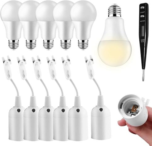 Lot de 6 douilles de lampe E27 et 6 ampoules LED E27 - Kit de douille E27 avec câble avec testeur de tension - Ampoule LED E27 blanc chaud 5 W 6500 K - Culot E27