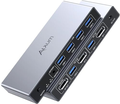 Alxum 8K@60Hz DisplayPort KVM Switch, DP KVM Switch für 2 PCs und 1 Monitor, 4 Port USB Switch für Tastatur, Maus, Mikrofon, Festplatte, Drucker und Kopfhörer, 2 USB-B-Kabel, DC 5V-Netzteil