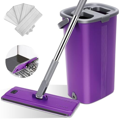 Myiosus Mop and Buckets Sets, Flat Floor Mop and Bucket with 138cm Adjustable Handle, 5 Reusable Microfiber Pads, Wet & Dry Mops for Cleaning Floors with Bucket