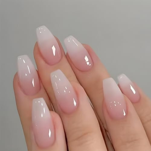 24Pcs Gradient Pink Coffin Fake Nails, Medium Length French Tip False Nails, Pink Press on Nails for Girls Women, Reusable Stick on Nails for DIY Nail Art 10