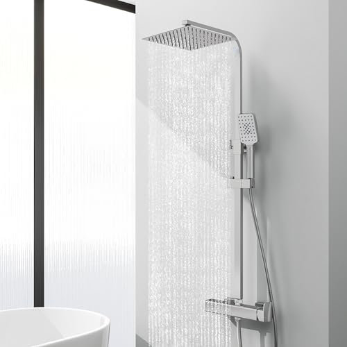 Acezanble Colonne de douche avec robinet mécanique et douche de tête en acier inoxydable 25 * 25CM, ensemble de douche réglable en hauteur, ensemble de robinet de douche, chromé, carré(Style 3)