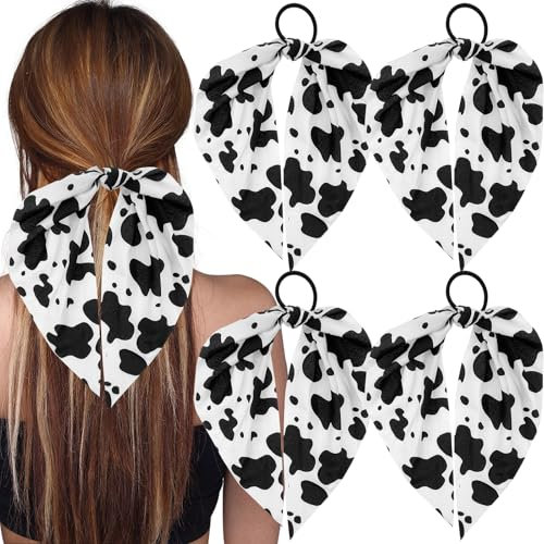 Lot de 4 bandeaux élastiques antidérapants à motif de vache avec nœuds pour cheveux - Accessoires faits à la main pour Halloween, cadeau d'anniversaire pour femmes et filles