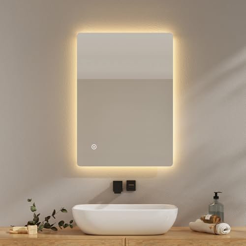 EMKE Badspiegel mit Beleuchtung 50x70cm, Badezimmerspiegel mit Beschlagfrei, 3 Lichtfarben dimmbar, Touch, Speicherfunktion und automatischer Abschaltung nach 3 Stunden, ideal für Badezimmer