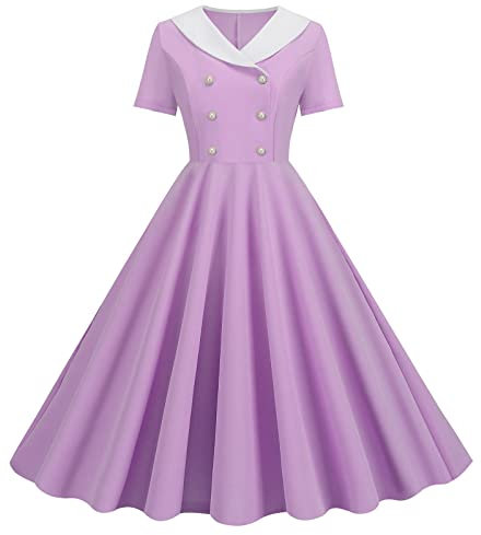 2025 - Été Foreign Trade Explosion Femme Col en V Manches Courtes Couleur Unie Rétro Double boutonnage Bouton Grande Robe Swing Robe de Plage Femme Été, lilas, XXL