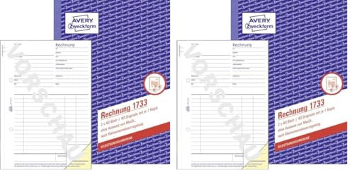 AVERY Zweckform 1733 Rechnung für Kleinunternehmer (A5, 2x40 Blatt, selbstdurchschreibend mit farbigem Durchschlag, ohne Ausweis von MwSt., nach Kleinunternehmerregelung) weiß/gelb (Packung mit 2)