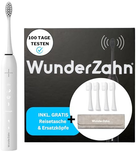 WunderZahn Schallzahnbürste Clean Pro mit Reisetasche | 100 Tage risikofrei testen | Smarter 2 Min.-Timer | 4 Ersatzköpfe| Elektrische Zahnbürste mit 4 Putzprogrammen | 8 Wochen Akku (Weiss)
