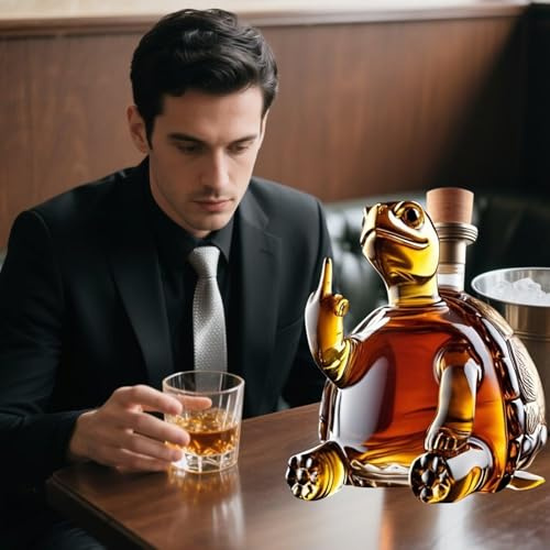 Whiskey Decanter Wine Bottle - Art Statue, Turtle Whiskey Decanter Statue, Funny Middle - Finger - Pose Design, Funny Animals Sculptures, Versatile for Multiple Alcohol