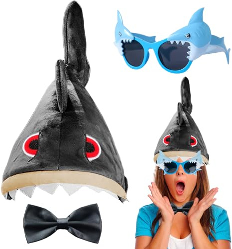 LUKIUP 3 Stuck Hai Mütze Hai Brillen Fliege Set, hai kostüm lustige kopfbedeckung, Haifisch Hüte Lustige Mützen Lustige Brillen Fliegen für Karneval Halloween Motto Party Cosplay (Grau)