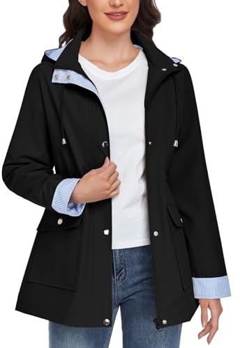 heekpek Veste Imperméable Femme Longue Coupe Vent Rayé Parka de Pluie avec Capuche Léger Manteau Mi Saison Vêtements Printemps Automne Vestes Zippé Chic Blousons d'Extérieur(Noir, XXL)