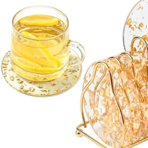 KOOLEVER Lot de 6 sous-verres dorés résistants à la chaleur en verre acrylique 10 x 10 cm pour café, vin, maison, bar et cadeau