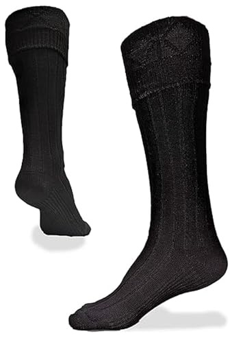 UT Kilts Scottish Kilt Hose for Men, Traditional Socks, Ribbed Design, Pull Up To Cuff Over Flashes, (USA Men's Shoe Size Medium 8-11, Black)