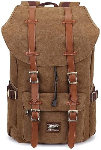 KAUKKO Unisex Canvas Rucksack im Vintage-Look mit Leder-Riemen als Schulrucksack, zum Wandern, Einkaufen, Reisen, Camping und für die Verwendung im Alltag,brown,L
