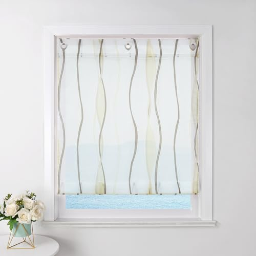 ESLIR Raffrollo mit Ösen Gardinen Küche Raffgardinen Transparent Ösenrollo Vorhänge Mit Wellen-Druck Modern Voile Sand BxH 100x140cm 1 Stück