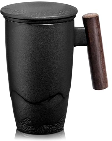 Tomotime - Tazza da tè in ceramica con filtro e coperchio, 300 ml, con manico in legno z-Black