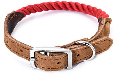 Mile High Life Premium Baumwollseil Hundehalsband aus echtem Leder Edelstahl Schnallenring (S, rot)
